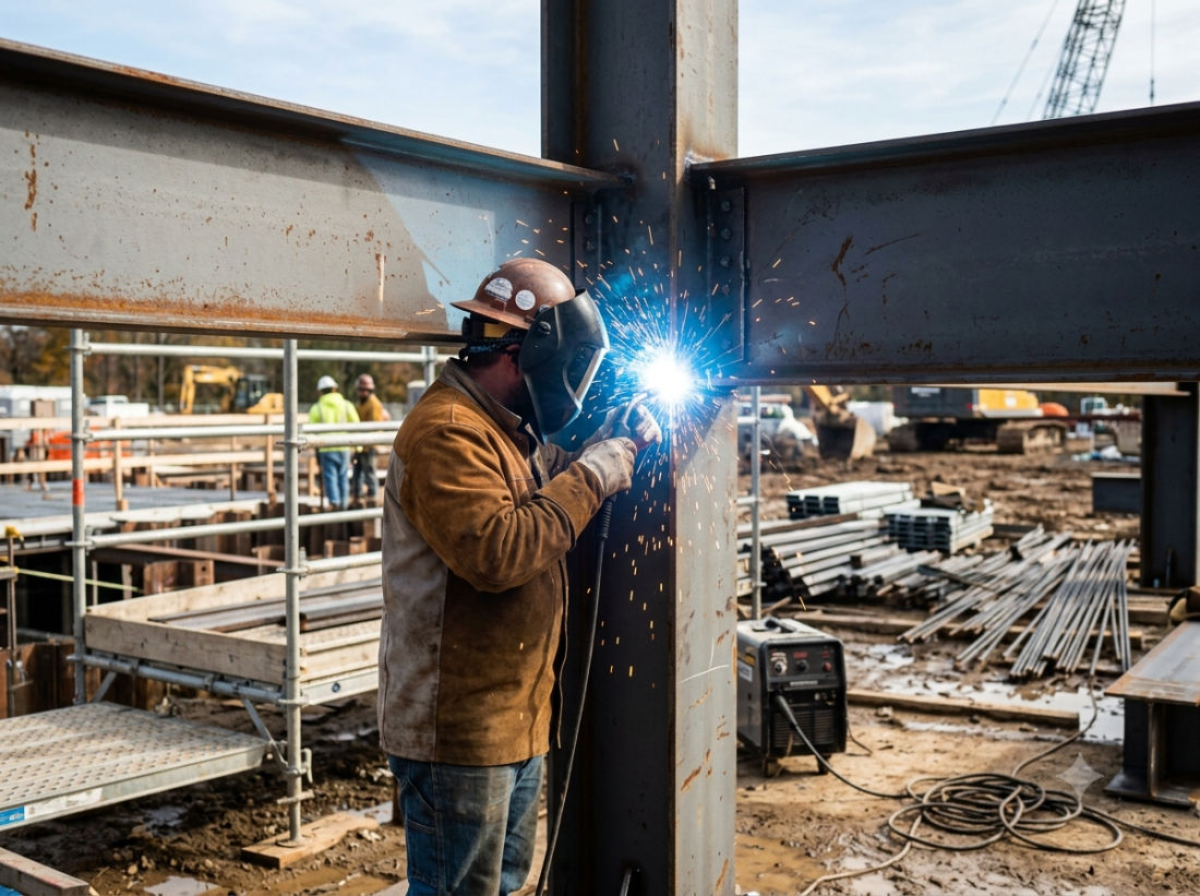 Welder reinforcing structural steel on a commercial frame