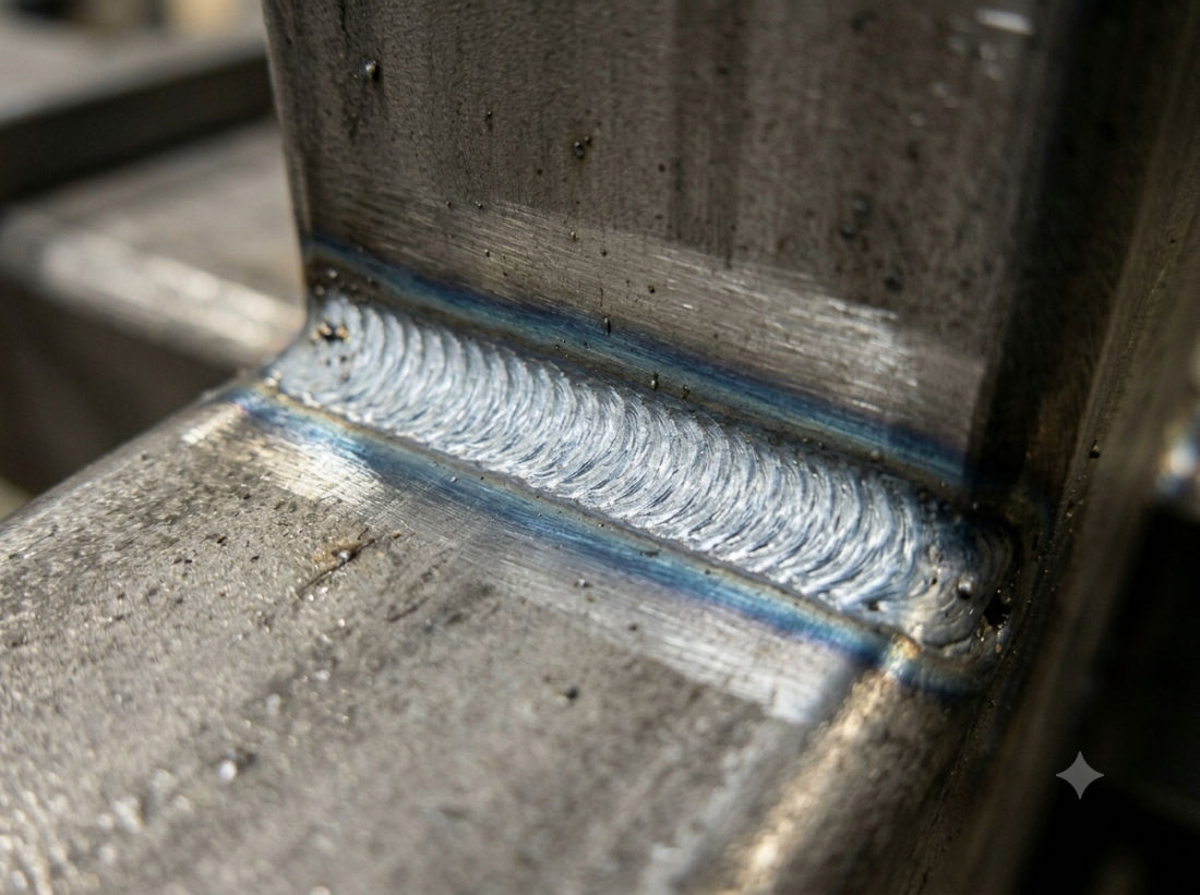 Close-up of a welded moment connection on a steel column