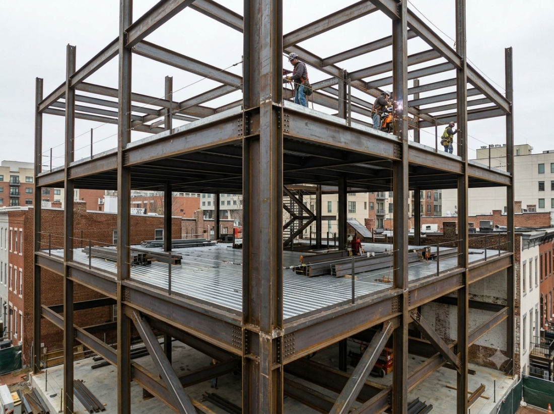 Structural steel frame welded for a commercial building in Maryland